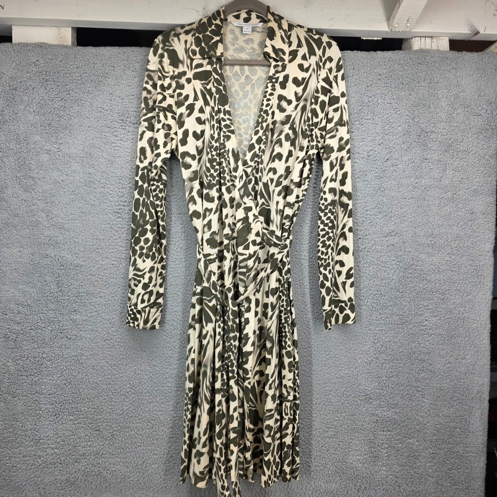Diane von Furstenberg DVF Silk Jersey Wrap Dress Olive Leopard Print Size 14